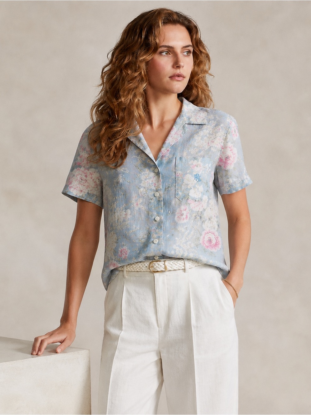 Lauren Ralph Lauren 100% Linen Floral Button Down Shirt Blue Pink Women M